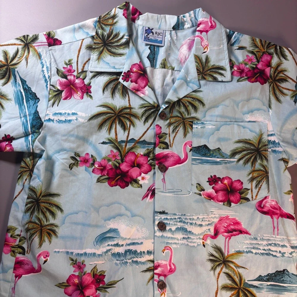 RJC‎ Hawaii Flamingo Aloha Shirt Mens Small Blue Hibiscus Tropical Made In USA